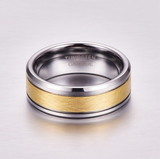 Men's 8mm Gold Color Brushed Center Two Grooves Tungsten Carbide Wedding Band Rings Beveled Edge