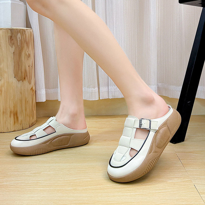 Thick-soled Closed-toe Slippers Summer Outdoor Garden Hollow Buckle Slide Sandals Casual Beach Shoes