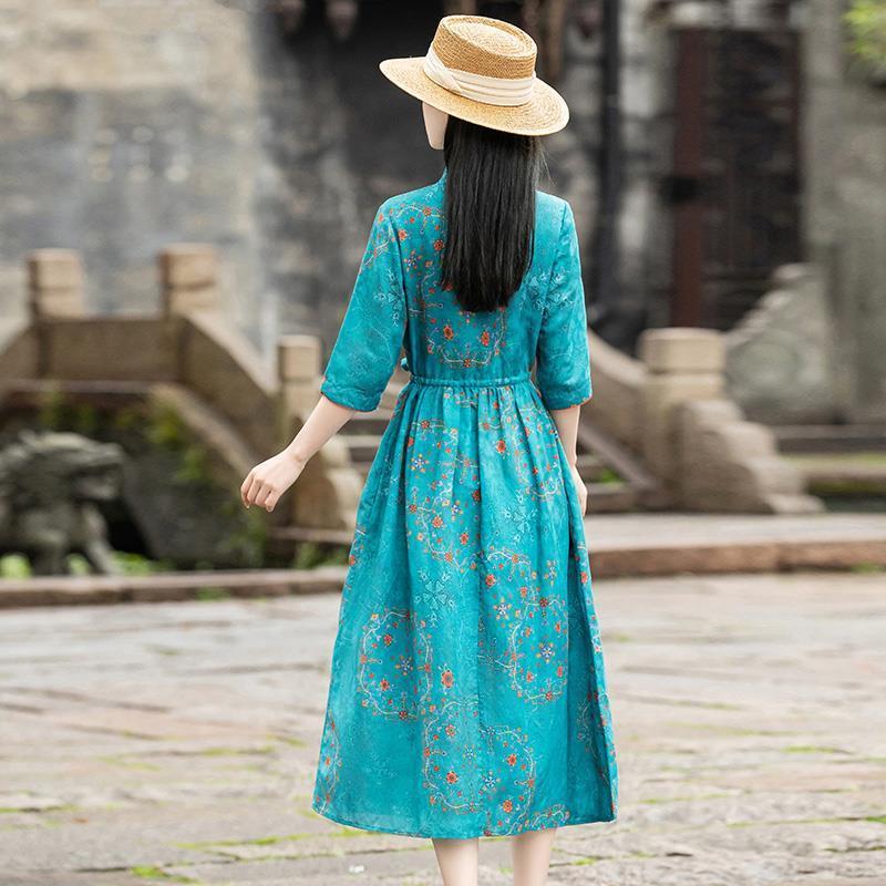 Ramie Floral Dress Women''s Simple And Elegant Custom