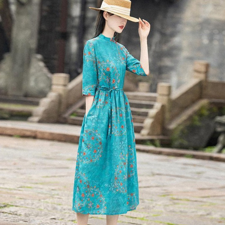 Ramie Floral Dress Women''s Simple And Elegant Custom