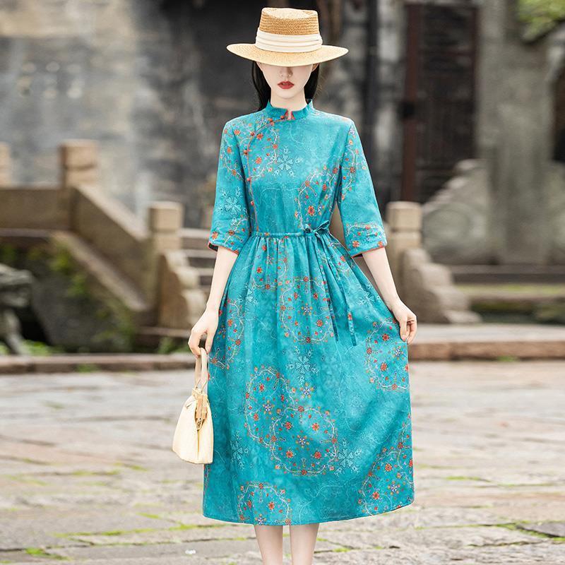 Ramie Floral Dress Women''s Simple And Elegant Custom