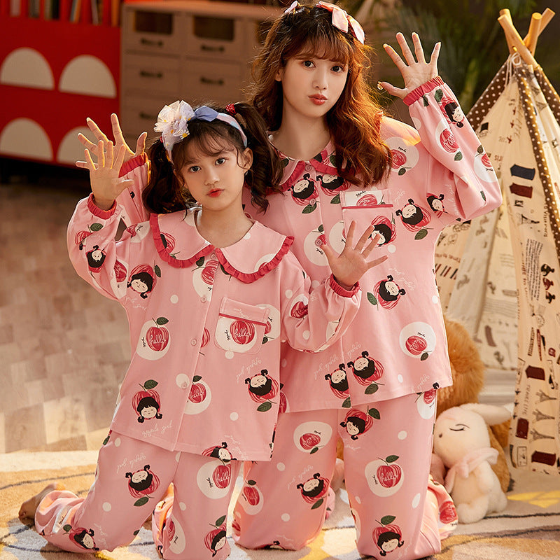 Mother And Daughter Pajamas Cotton Long Sleeve Thin Cardigan Household Suit
